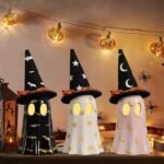 Halloween Decor Indoor, Set Of 3 Ceramic Ghosts With Witch Hats, Cute Spooky Ghost Figurines For Mantel, Shelf & Tabletop Decor, Halloween Decorations